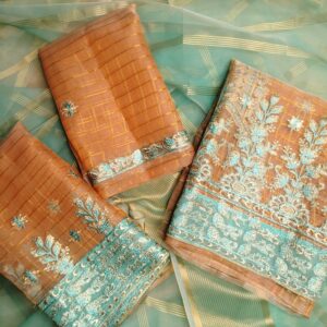 Copper Firozi Organza Embroidered 3pcs