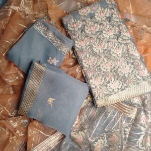 Grey & Coral Organza Embroidered 3pcs