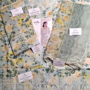 Iznik Celadon Green Printed & Embroiderd Patch Lawn 3Pcs