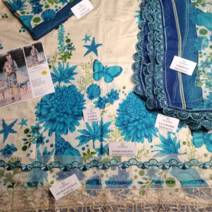 Maria.B White+Blue Printed & Embroiderd Patch Lawn 3Pcs