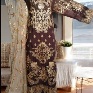 Imrozia Dark Brown Net Dress 3Pcs