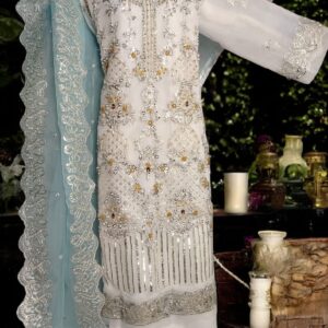 Imrozia White & Electric Blue Organza Hand work 3Pcs