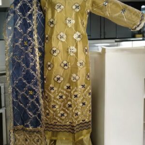 Khirad Mehndi & Navy Blue Organza Embroidered 3pcs