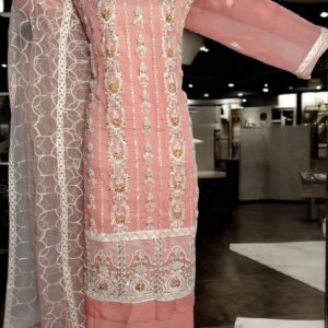 Bareeze Tea Pink Organza Hand Work 3Pcs