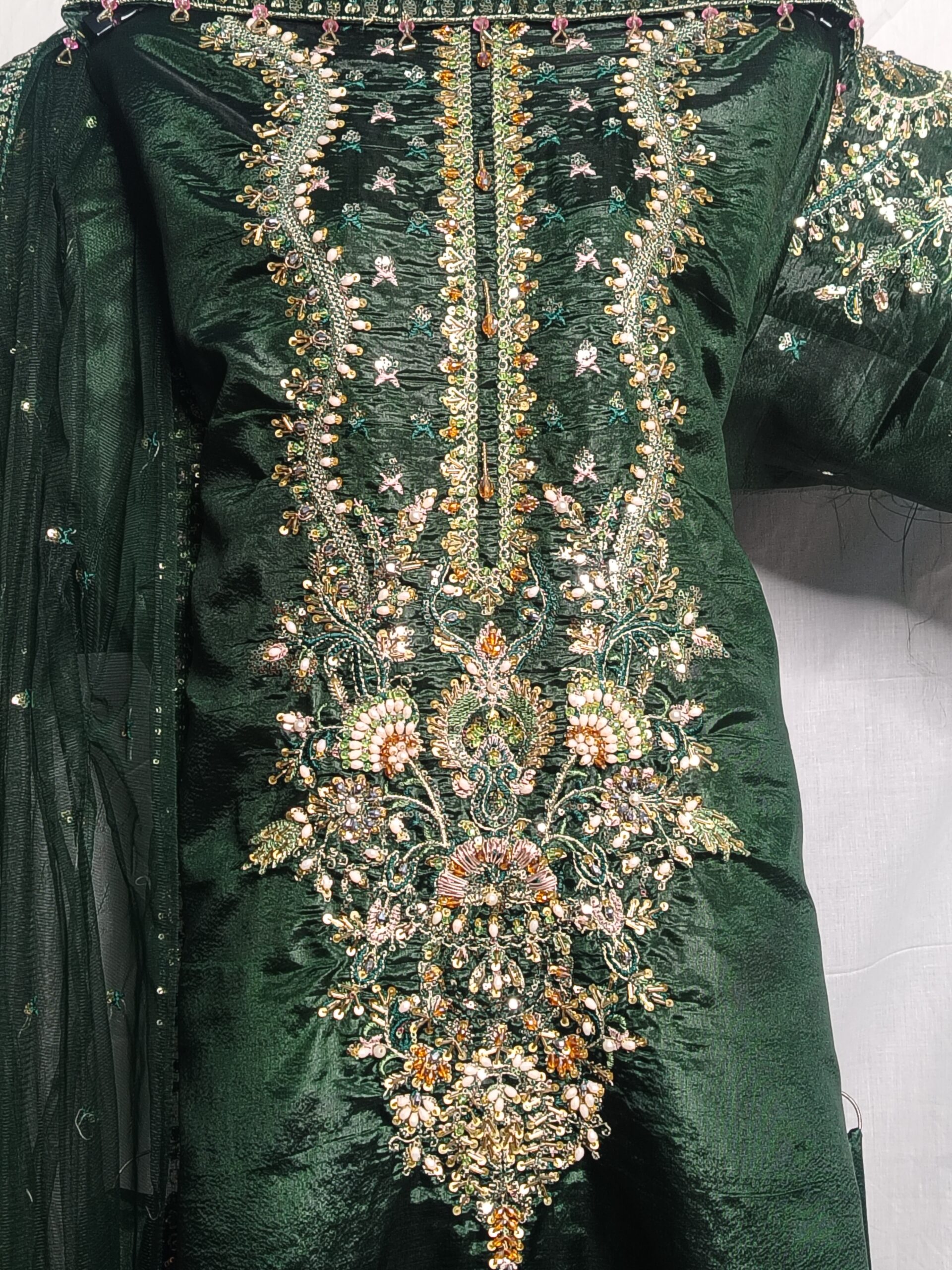 MariaB Dark-Green Color Sheesha Silk Fabric