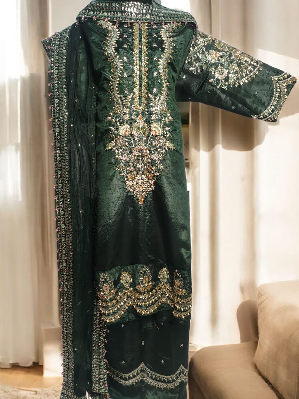 MariaB Dark Green Color Sheesha-Silk Fabric