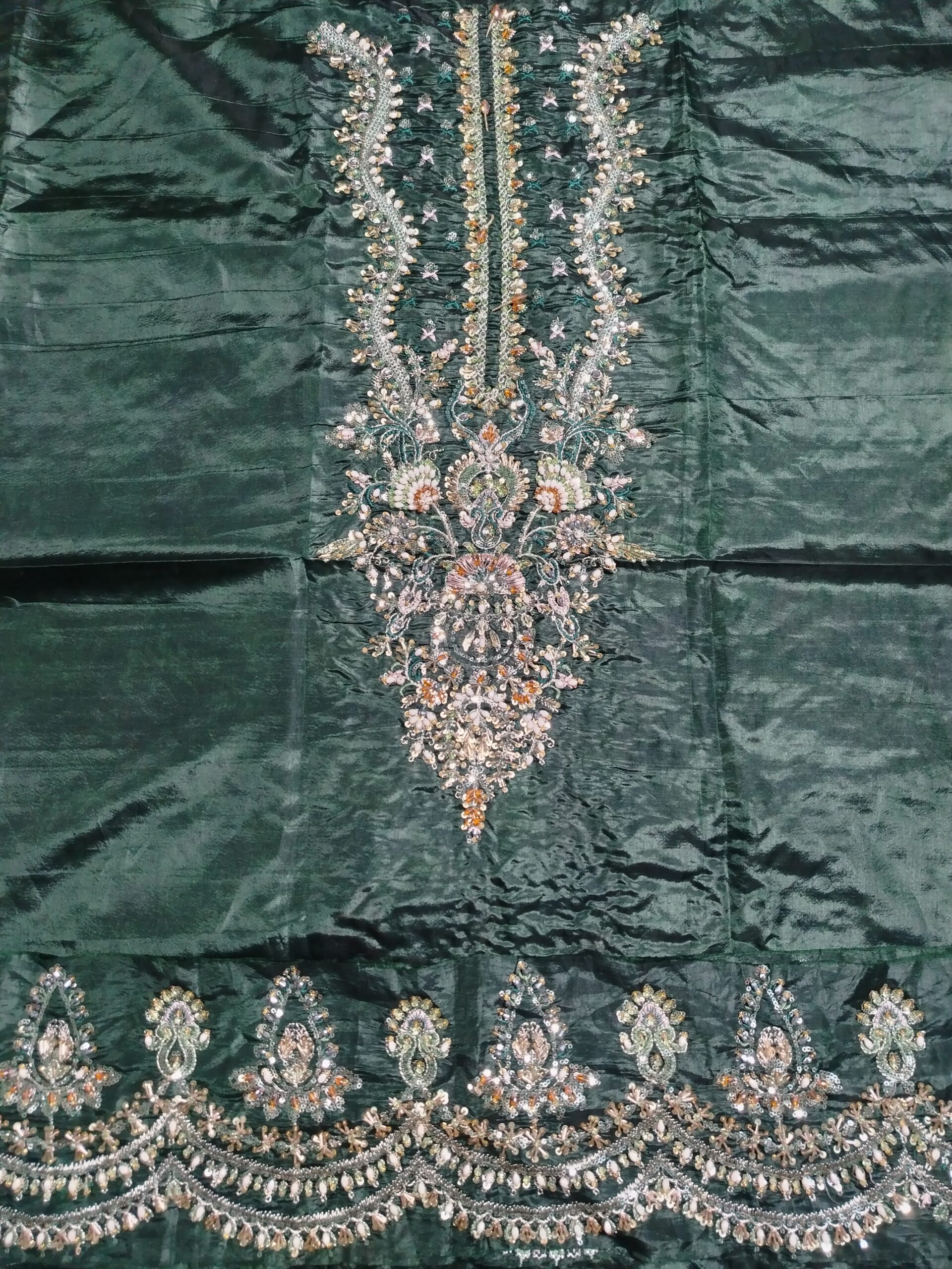 MariaB Dark-Green Colour Sheesha Silk Fabric